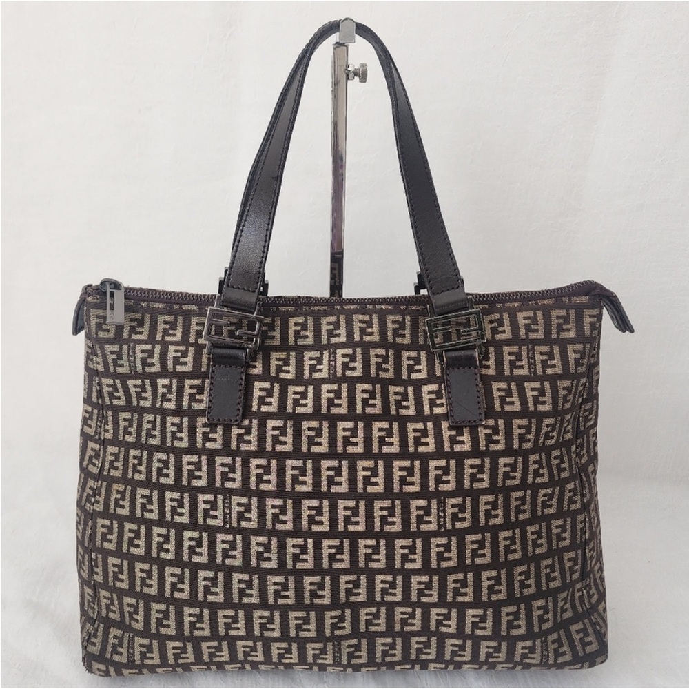 Vintage Fendi Zucchino FF Monogram Canvas Tote Bag Brown Leather Trim Italy - Picture 3 of 10